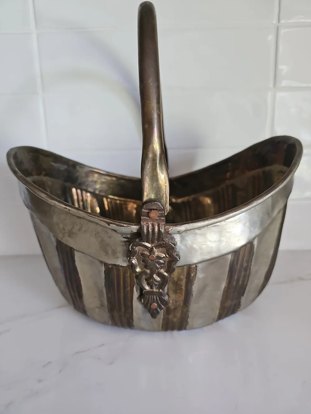 Vintage Hammered Metal Fireplace Coal Scuttle Bucket with Ornate Acanthus Leaf